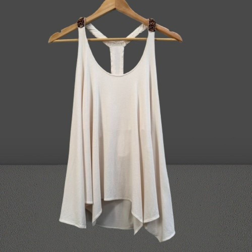 NEW Sky Beltran Cream Embellished T-Back Tank Top Bronze Beaded Large - Picture 2 of 4